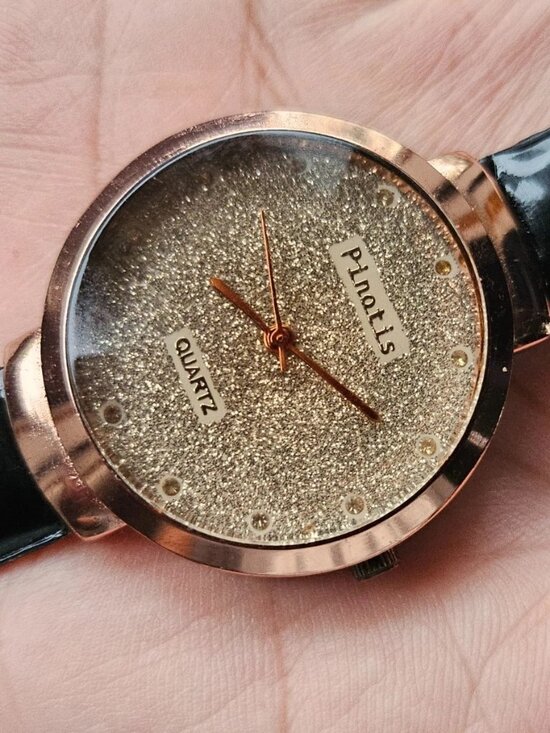 Accessories - Pinotis Women Wristwatch Black Patent Faux Leather Strap Sparkling Face Watch